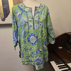 Gretchen Scott Designs Green Blue Floral Tunic Blouse